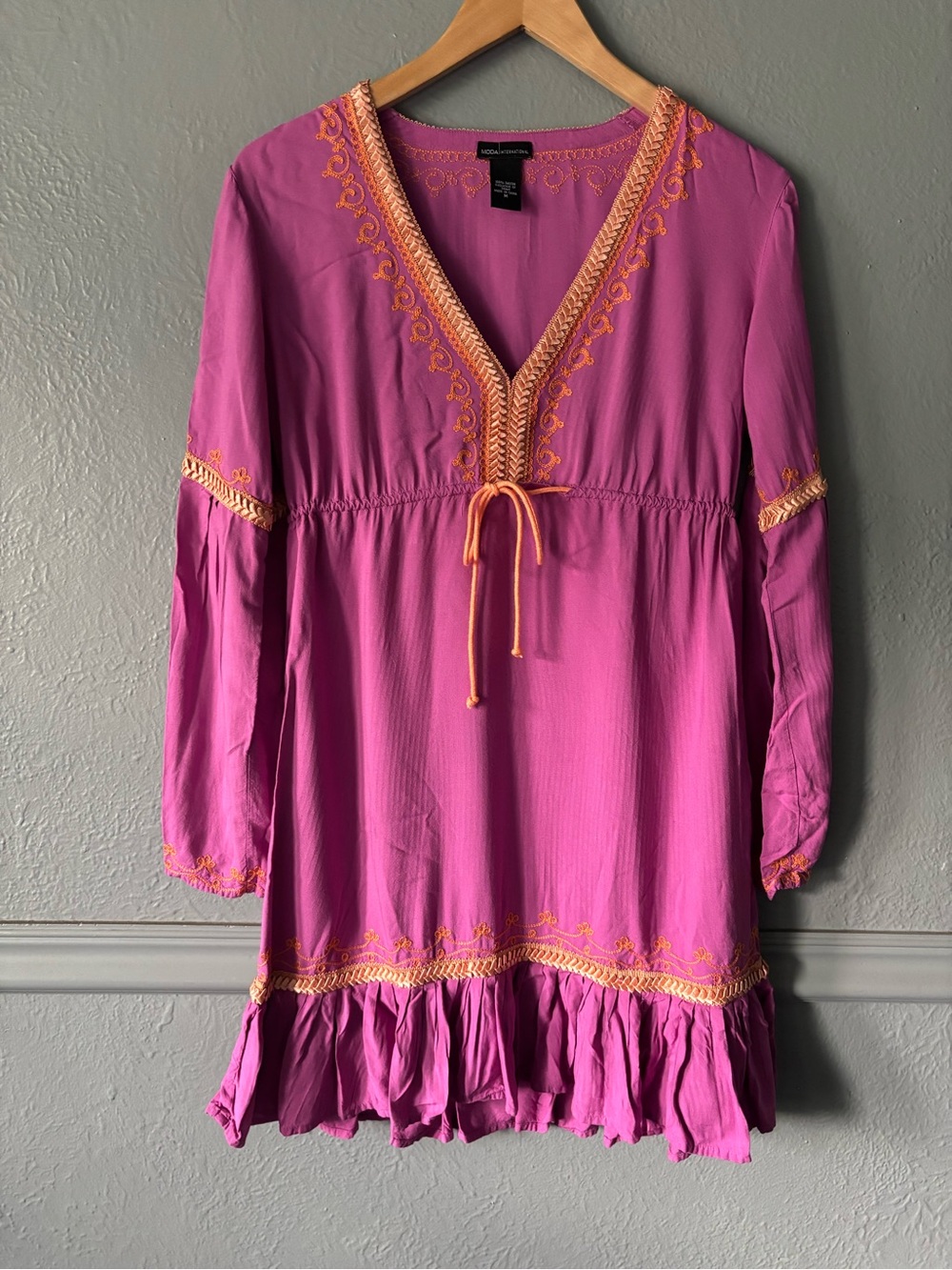 Moda International Embroidered Boho Dress Pink Orange Rayon Size M